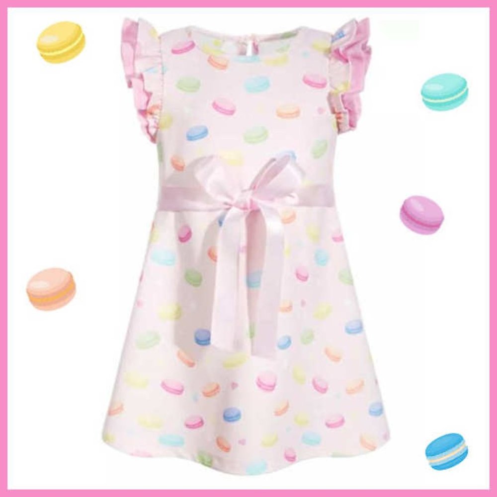 Samara Macaron Print Dress w/ Satin Ribbon, Size 12 months